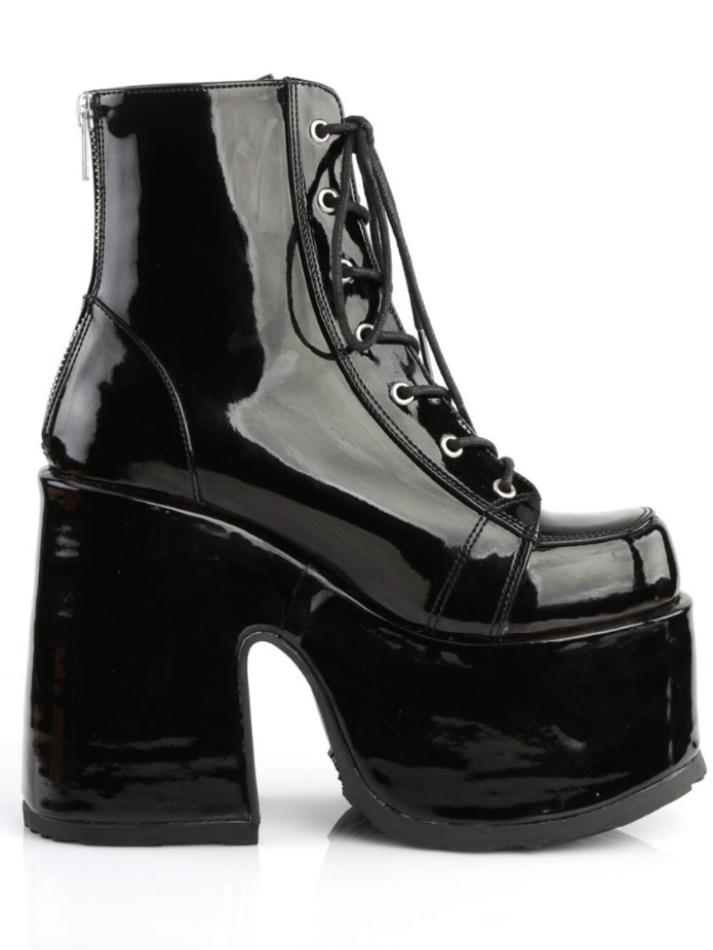 5" Chunky Heel Platform Black Pat Ankle Boot with Metal Back Zip Closure